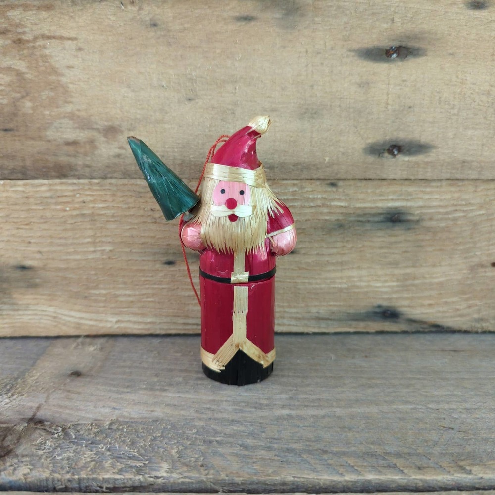 Vintage Folk Art Santa Claus Holding Tree Ornament Made of Corn Husk